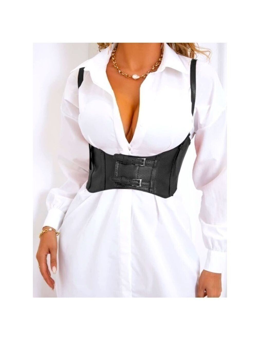Womens Sexy Steampunk Vegan Black Leather Bustier Underbust Waist Belt Corset